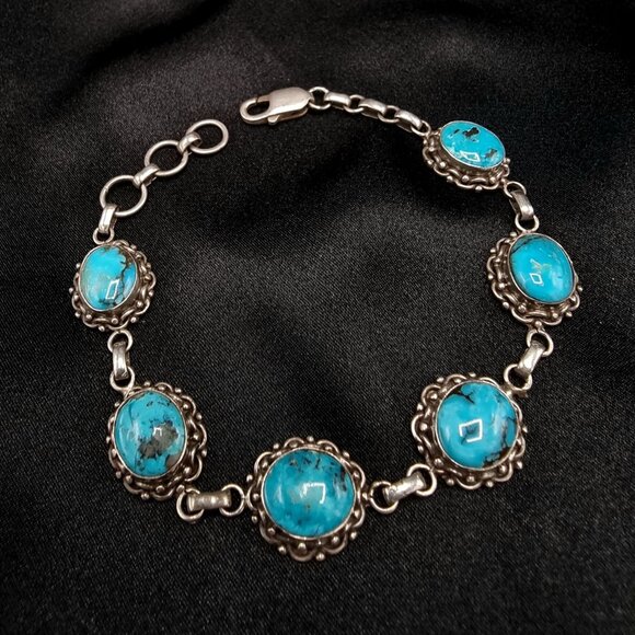 Sterling Silver Jewelry - Vintage 1980s-90s Genuine Turquoise 925 Sterling Silver Bracelet